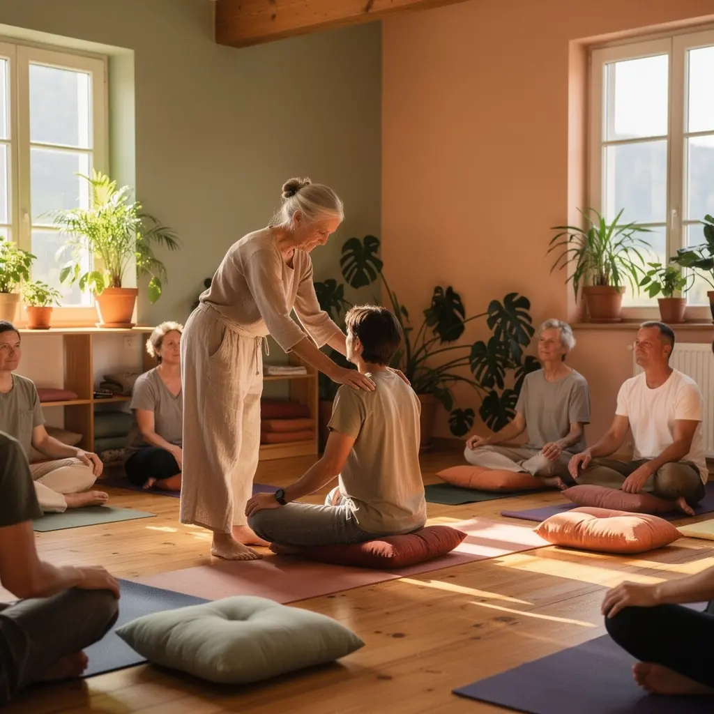 Ein Lehrer erklärt Atemtechniken zur Stressreduktion während eines Workshops im Freien.