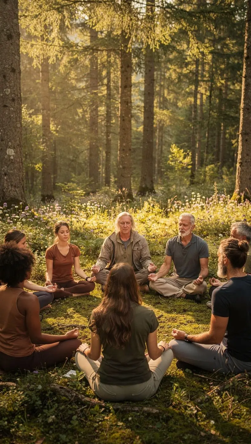 Eine entspannte Person sitzt im Lotussitz und meditiert in der Natur, umgeben von Bäumen und Blumen.