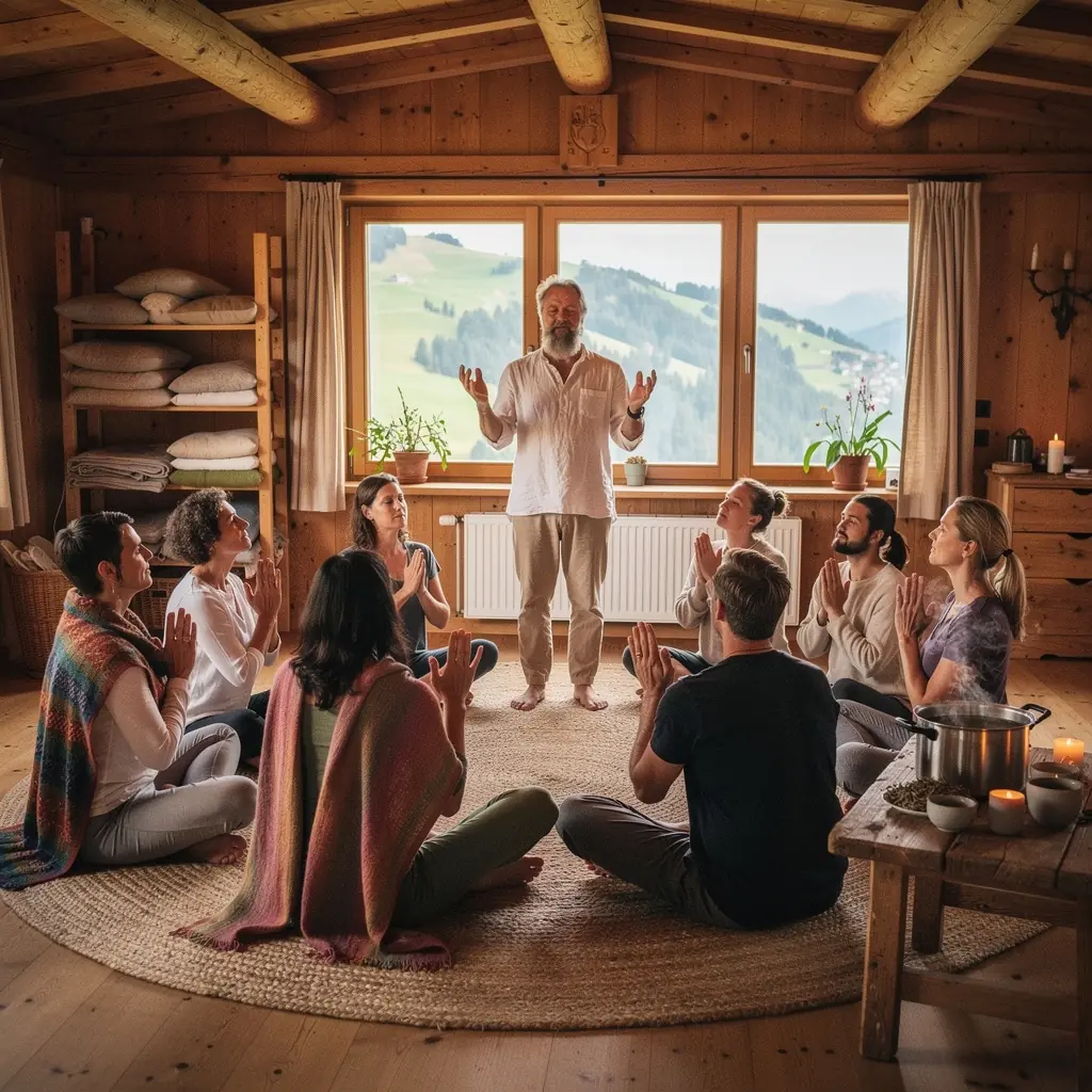 Ein Meditationsraum mit gemütlichen Kissen und sanftem Licht für entspannende Übungen.