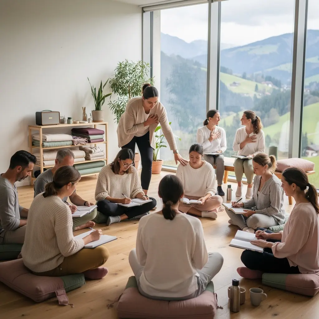 Ein erfahrener Meditationslehrer demonstriert Atemtechniken in einem ruhigen Raum.